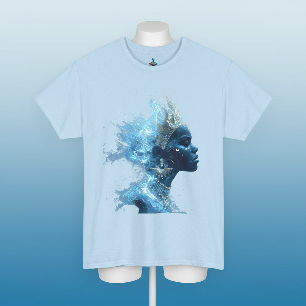 Light blue t-shirt with a graphic of a stylized face and abstract design on a white background