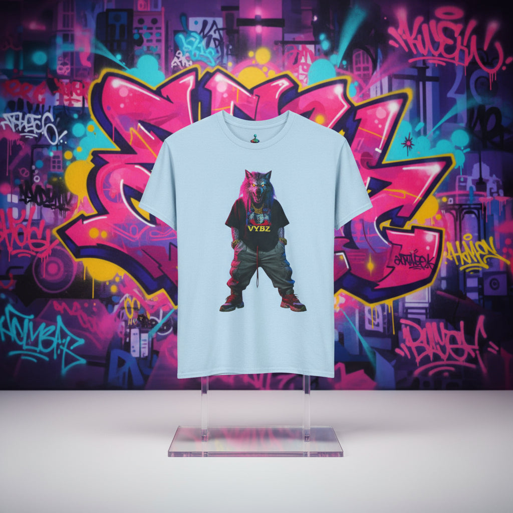 Light blue t-shirt with a colorful graphic of a wolf and 'VYBZ' text on a white background