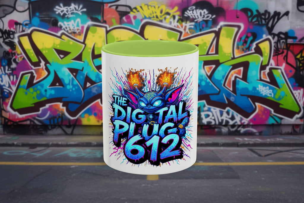 Mug with colorful design and text on a white background