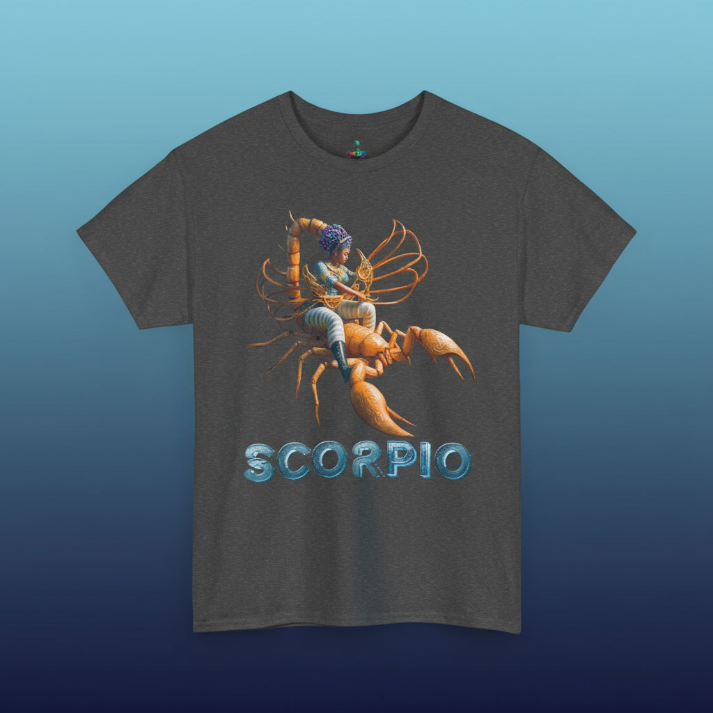 Dark gray t-shirt with a Scorpio zodiac design on a shades of blue background