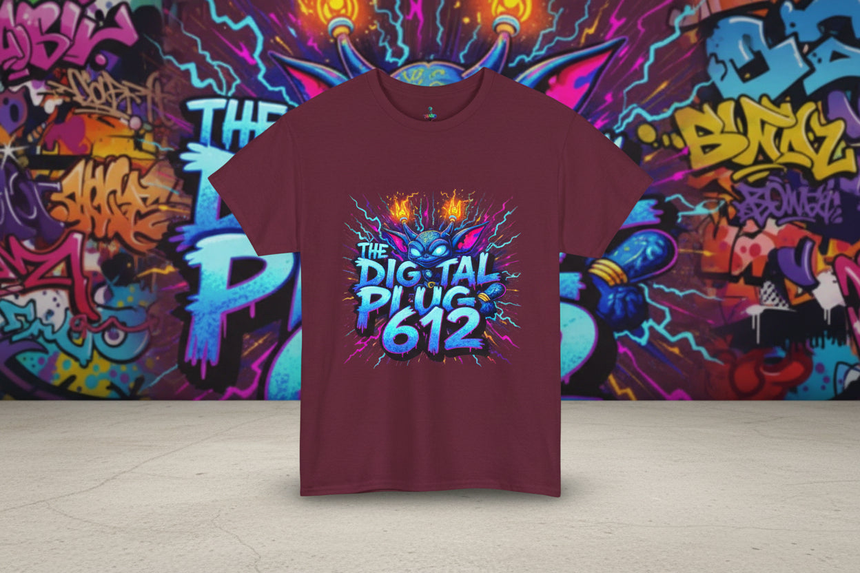 Maroon t-shirt with colorful graphic design and 'The Digital Plug 612' text on a white background