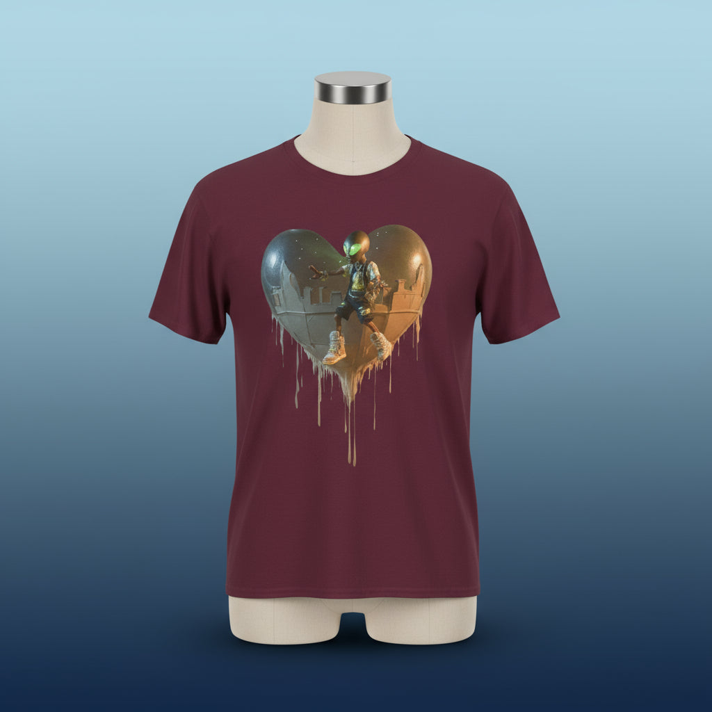 Maroon t-shirt with a heart-shaped graphic design on a white background