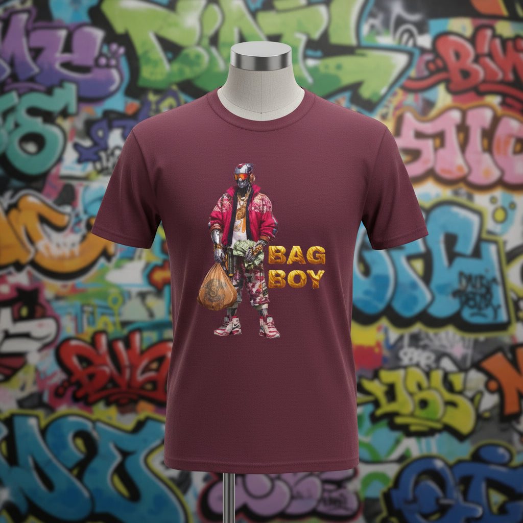 Maroon t-shirt with graphic of a person holding a bag and 'BAG BOY' text on a white background
