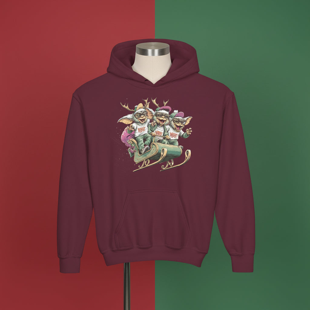 Maroon hoodie with a graphic design of gnomes on a white background