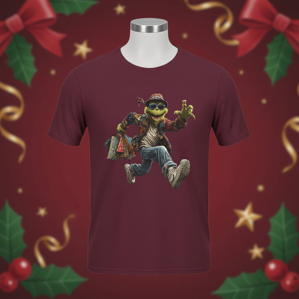 Maroon t-shirt with a graphic of a character in sunglasses and a hat on a white background