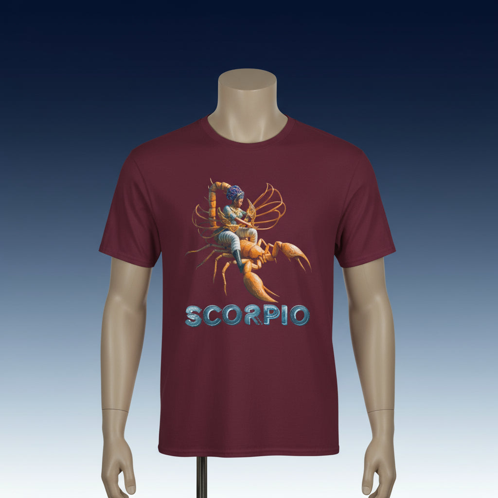 Maroon t-shirt with Scorpio zodiac design on a white background