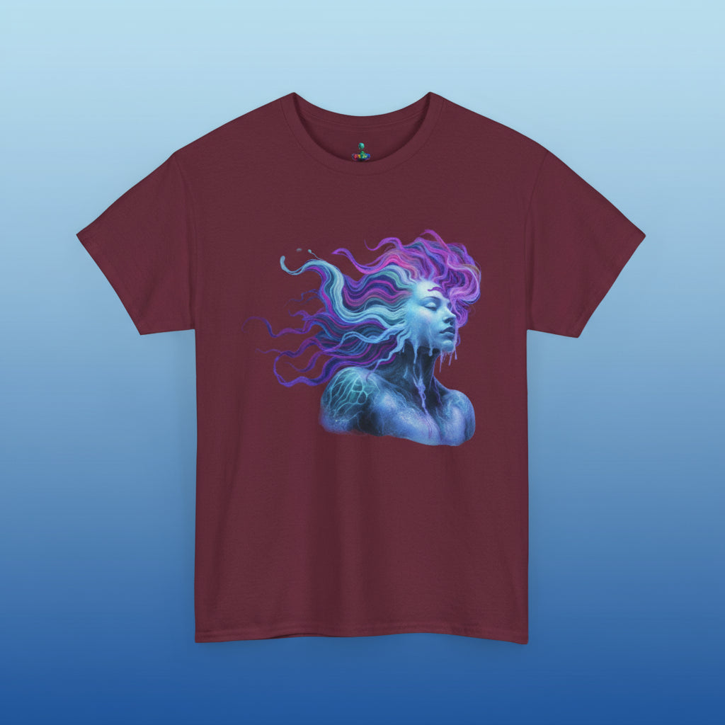 Maroon t-shirt with a graphic of a woman with flowing hair on a white background