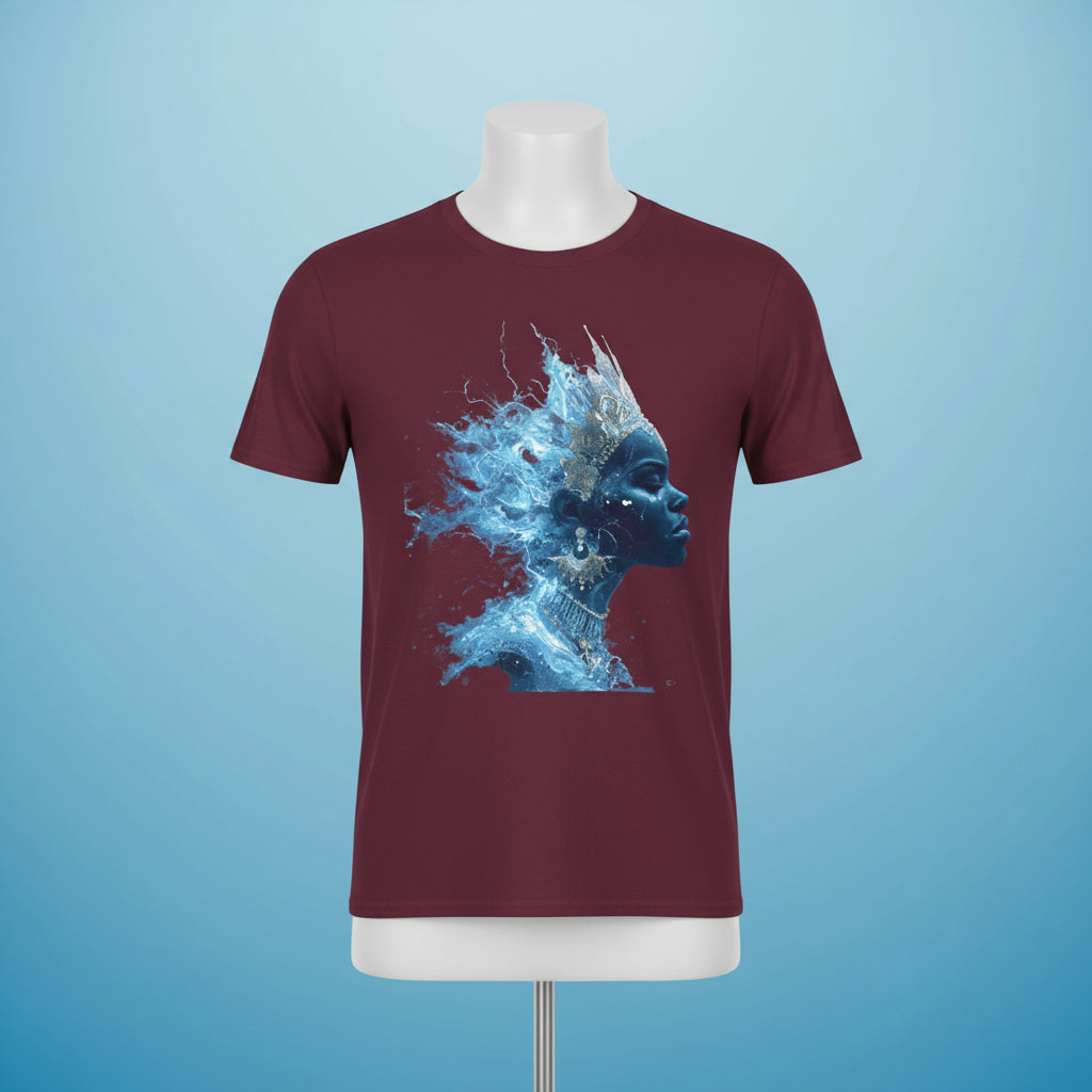 Maroon t-shirt with a blue artistic design of a face on a white background
