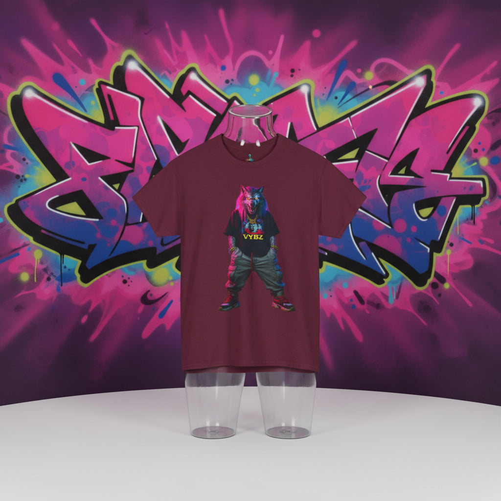 Maroon t-shirt with a colorful graphic of a character wearing a 'VYBZ' shirt on a white background