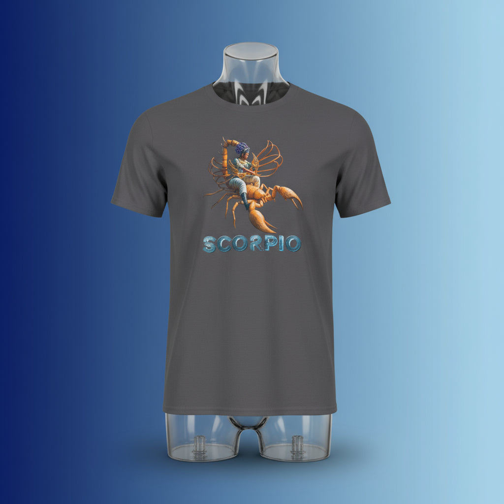 Gray t-shirt with Scorpio zodiac design on a white background