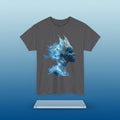 Gray t-shirt with a blue artistic design of a face on a white background