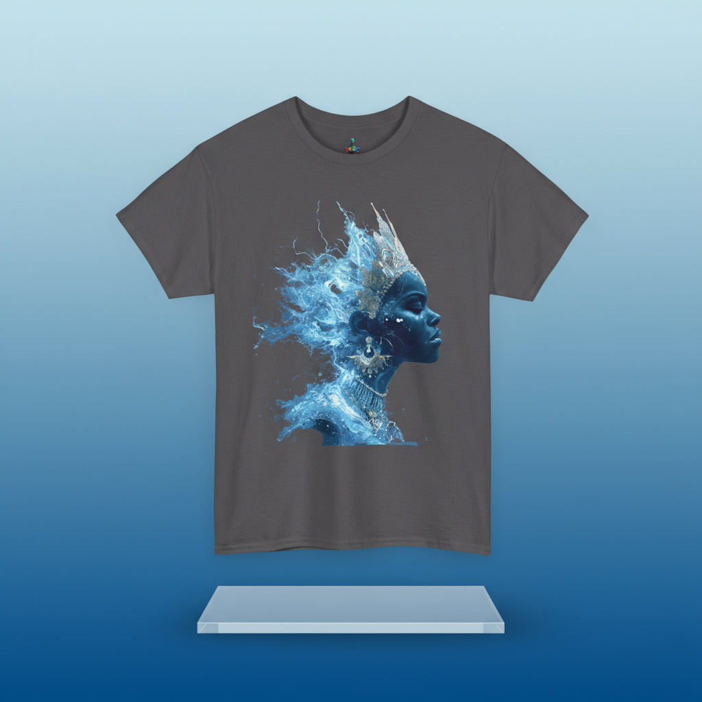 Gray t-shirt with a blue artistic design of a face on a white background