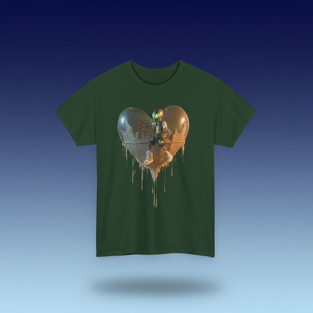 Green t-shirt with a graphic design of a heart and a person on a white background