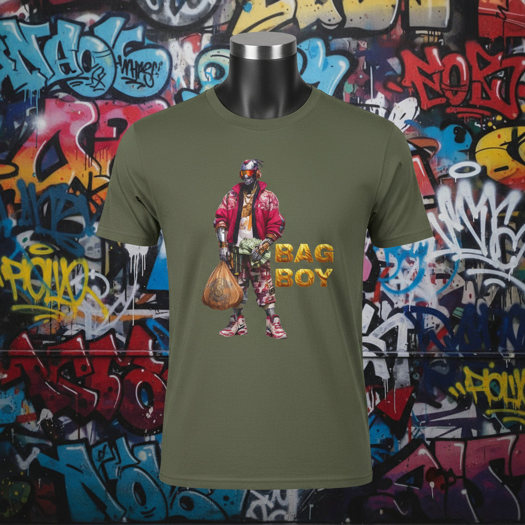 Green t-shirt with a graphic of a person holding a bag and the text 'Bag Boy' on a white background.