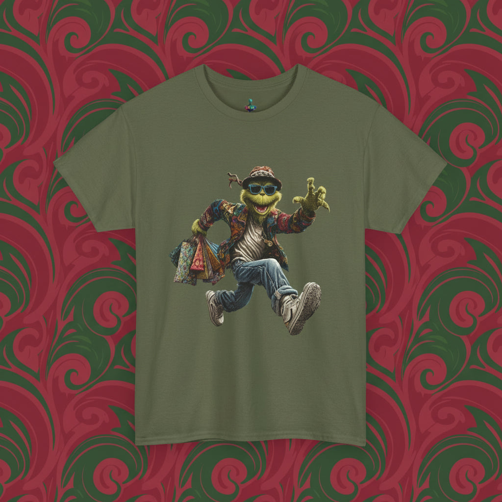 Green t-shirt with a graphic of a character wearing sunglasses and a jacket on a white background