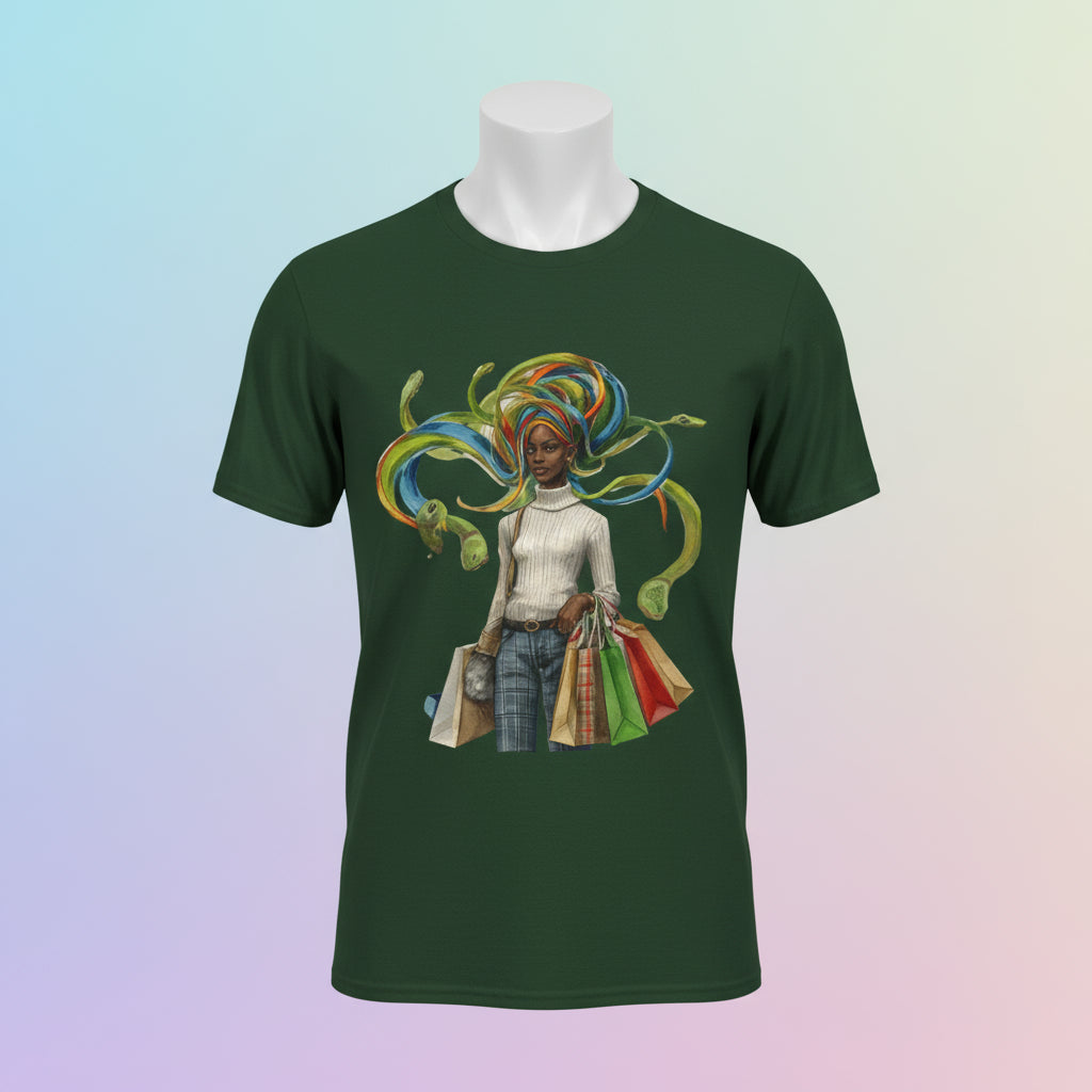 Green t-shirt with a colorful graphic of a woman and shopping bags on a white background