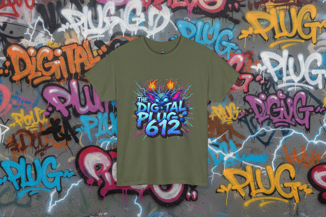 Green t-shirt with colorful graphic design and text on a white background