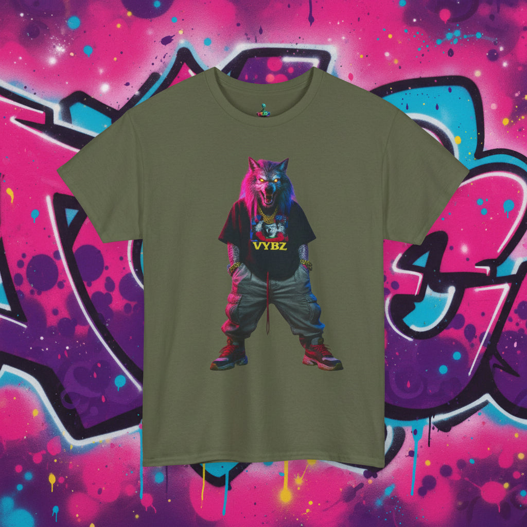 Green t-shirt with a colorful wolf graphic and 'VYBZ' text on a white background