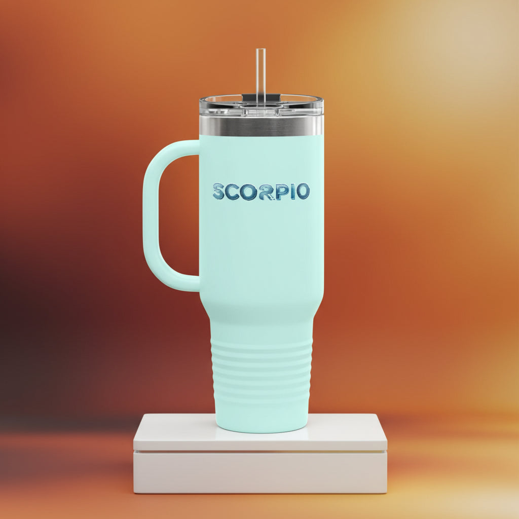 Mint green mug with handle and straw lid on a white background