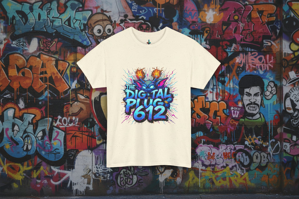 Beige t-shirt with colorful graphic design and text on a white background