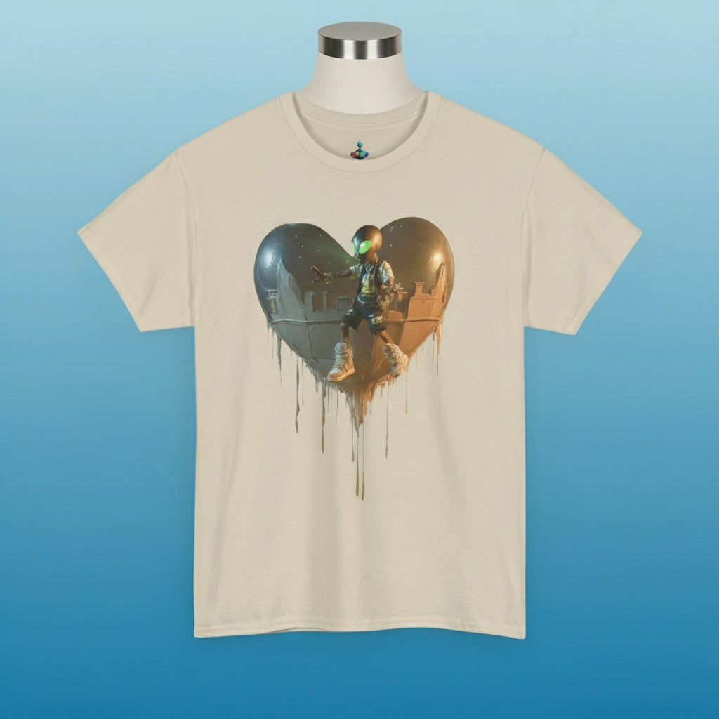 Beige t-shirt with a graphic design of a heart-shaped mirror reflecting a character and cityscape.