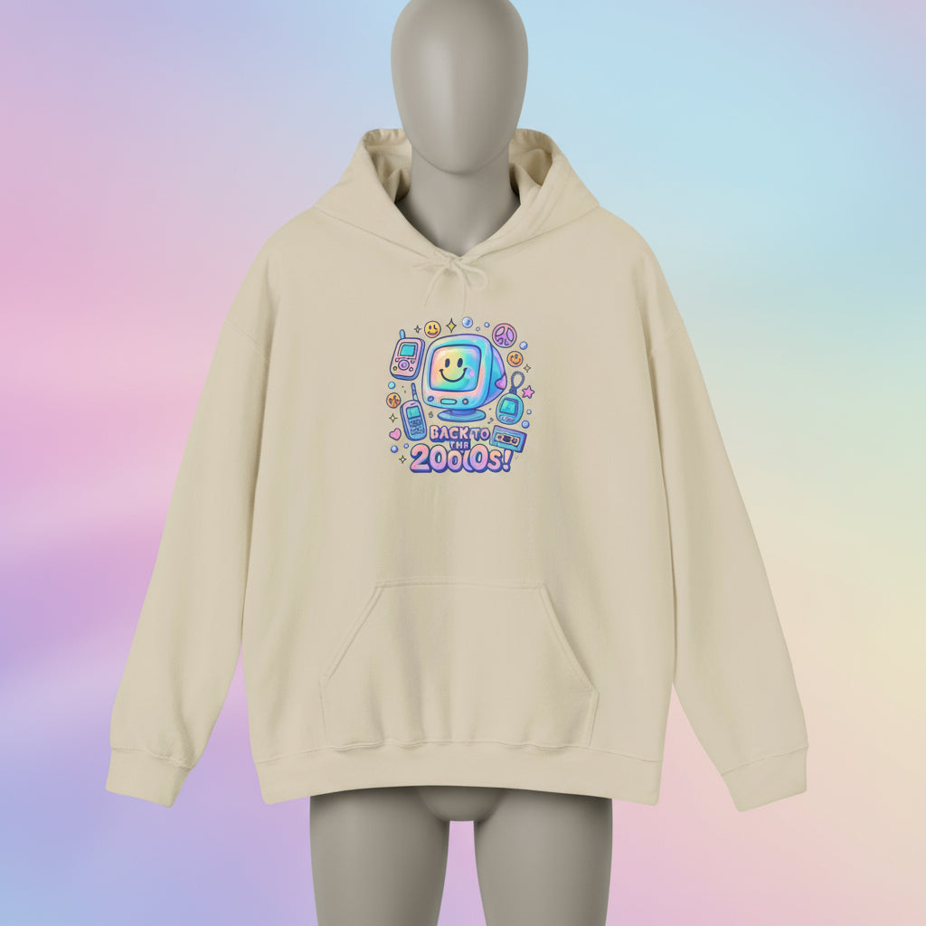 Beige hoodie with colorful graphic design on a white background