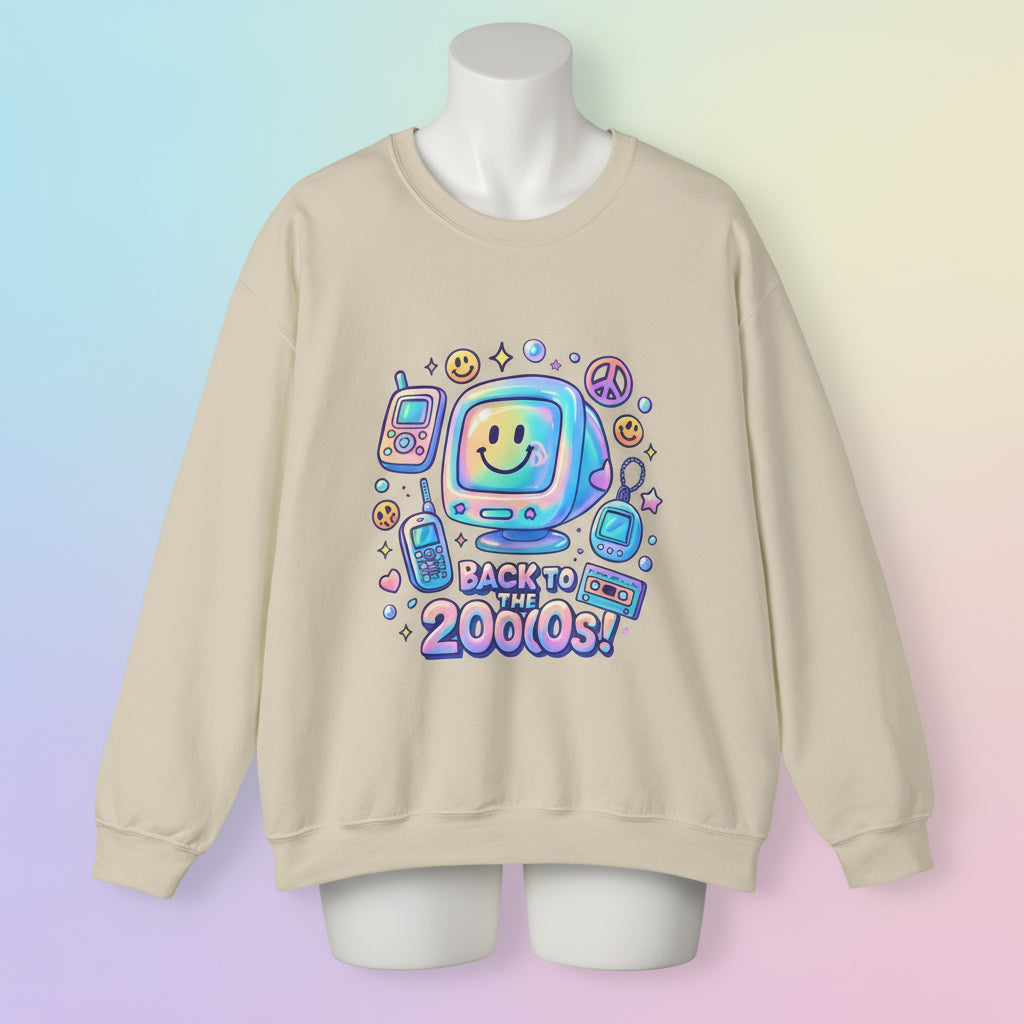 Beige sweatshirt with retro-themed design and 'Back to the 2000s!' text on a white background