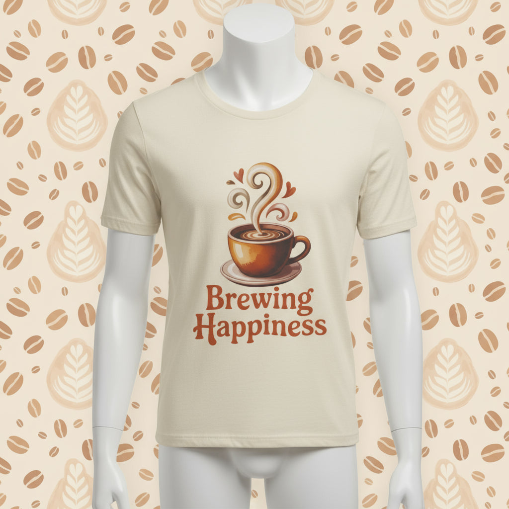 Beige t-shirt with a coffee cup graphic and 'Brewing Happiness' text on a white background