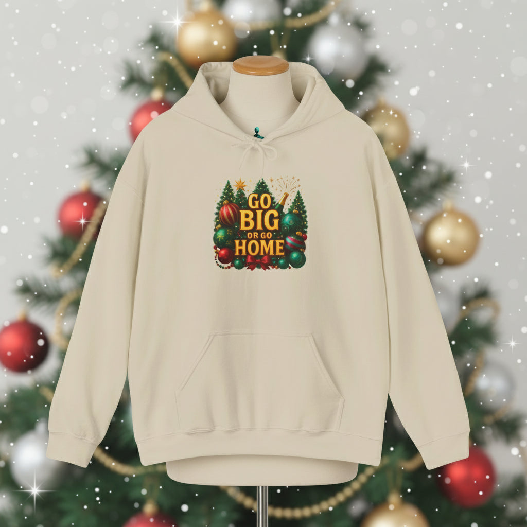 Beige hoodie with a colorful graphic and text on a white background