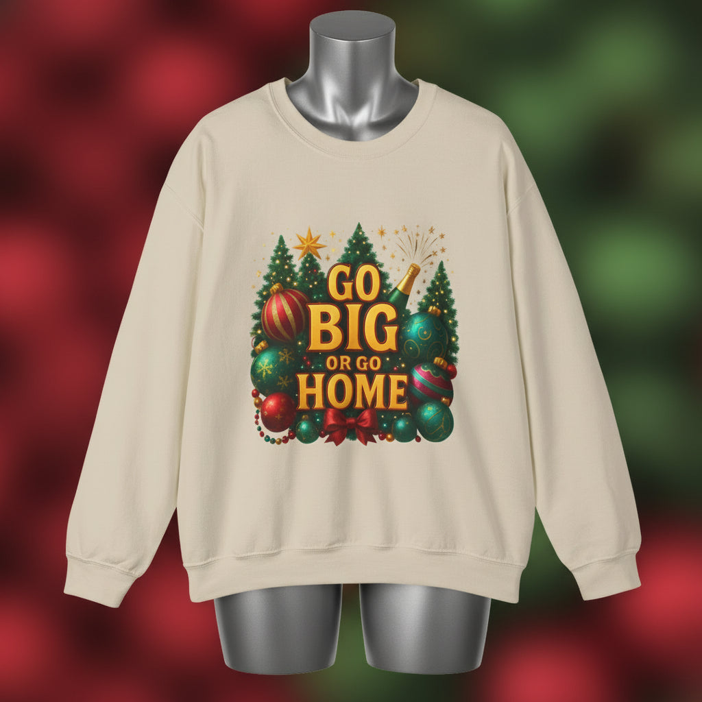 Beige sweatshirt with Christmas-themed graphic and text 'GO BIG OR GO HOME' on a white background