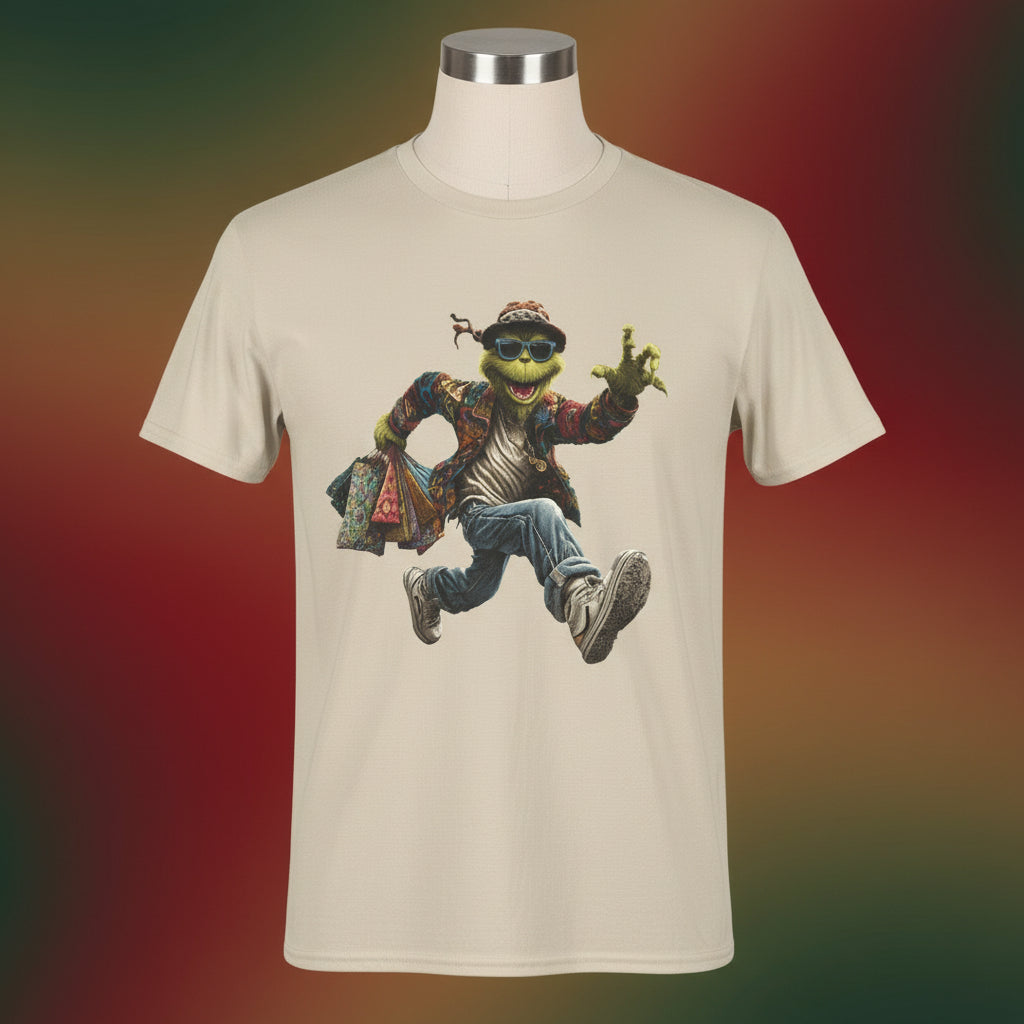 Beige t-shirt with a graphic of a character in a jacket and jeans on a white background