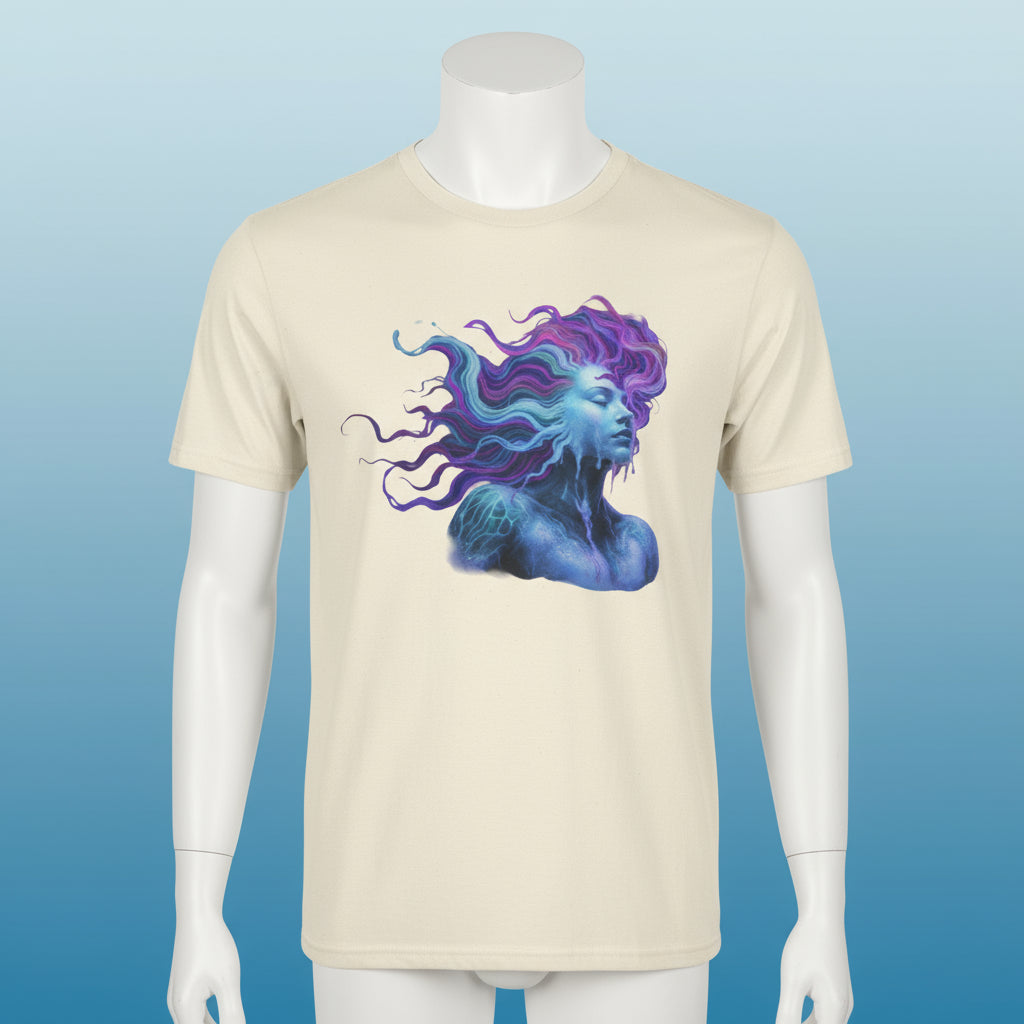 Beige t-shirt with a blue and purple graphic design on a white background