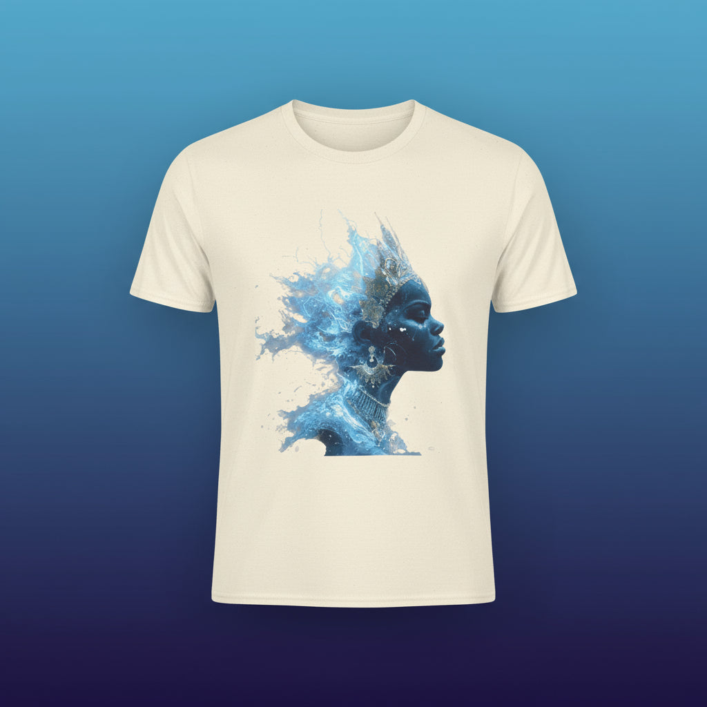 Beige t-shirt with a blue and black artistic design of a face on a white background