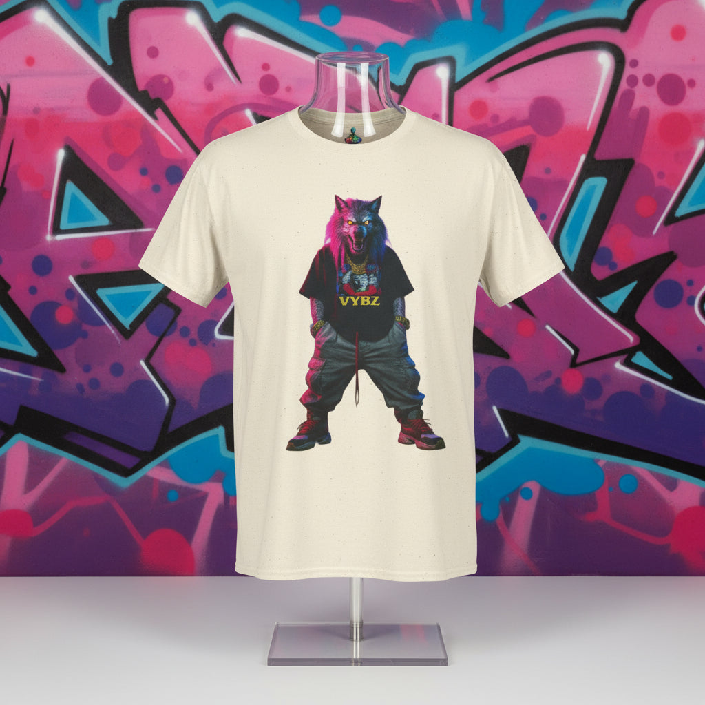 Beige t-shirt with a colorful graphic of a wolf wearing a hoodie and pants on a white background