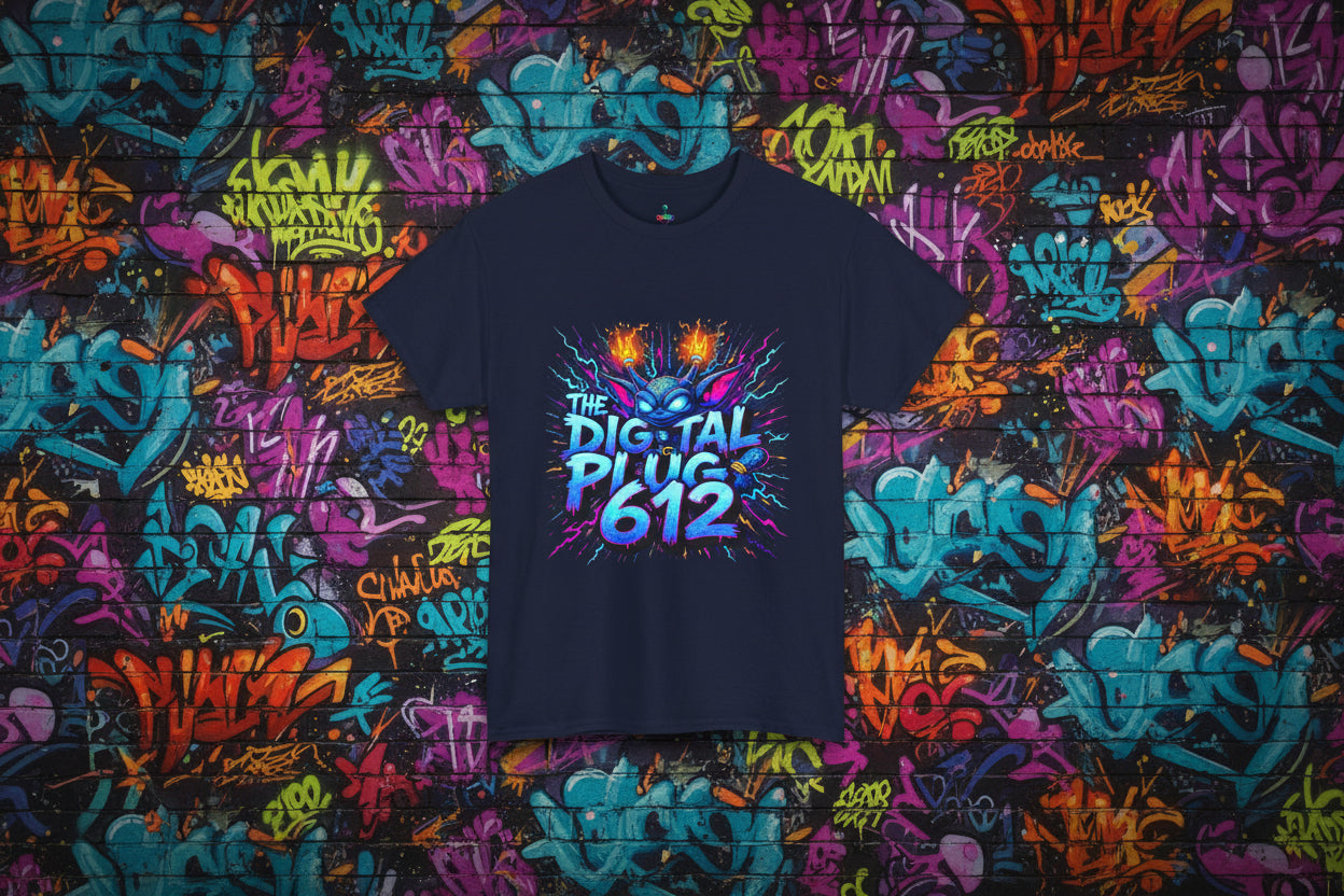 Navy blue t-shirt with colorful graphic design on a white background