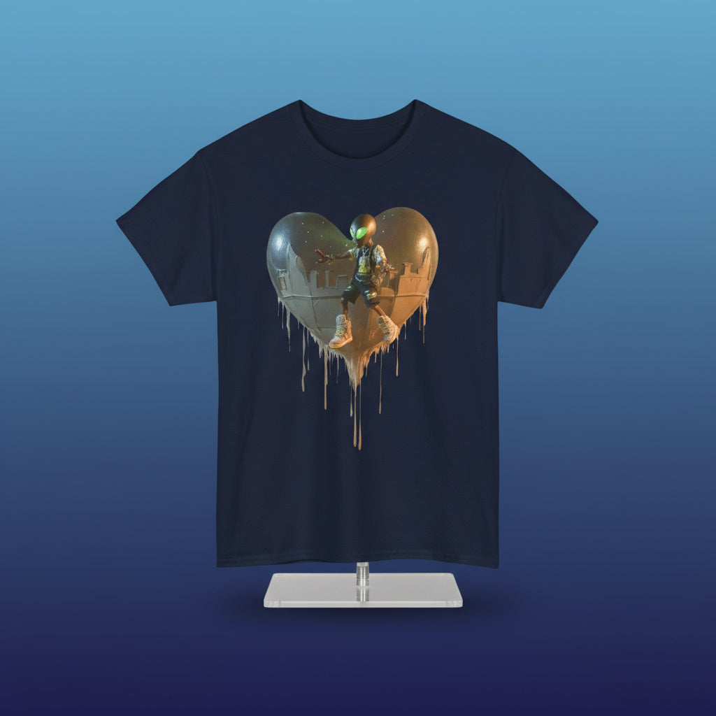 Navy blue t-shirt with a heart-shaped graphic of a person on a white background