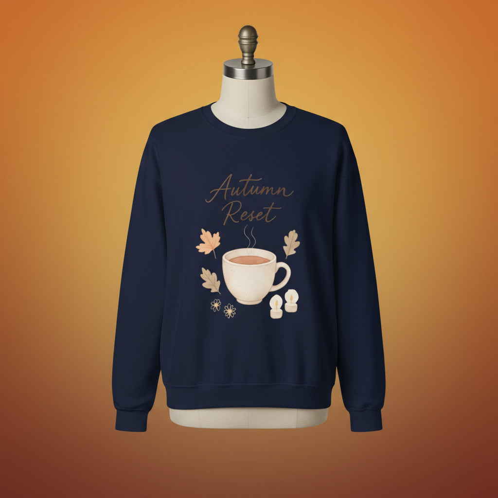 Navy blue sweatshirt with 'Autumn Reset' text and cup design on a white background