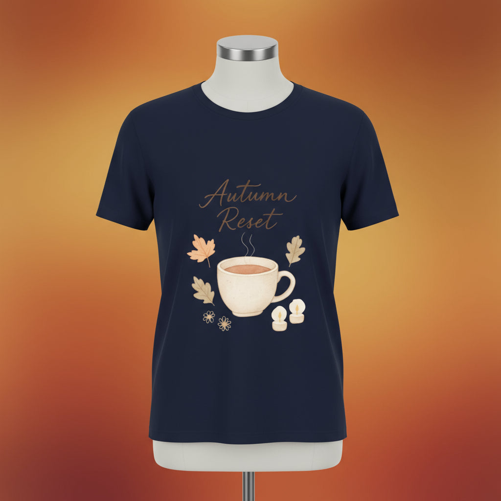 Navy blue t-shirt with 'Autumn Reset' design featuring a cup and leaves on a white background