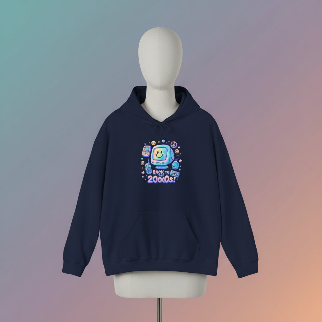 Navy blue hoodie with a colorful graphic design on a white background