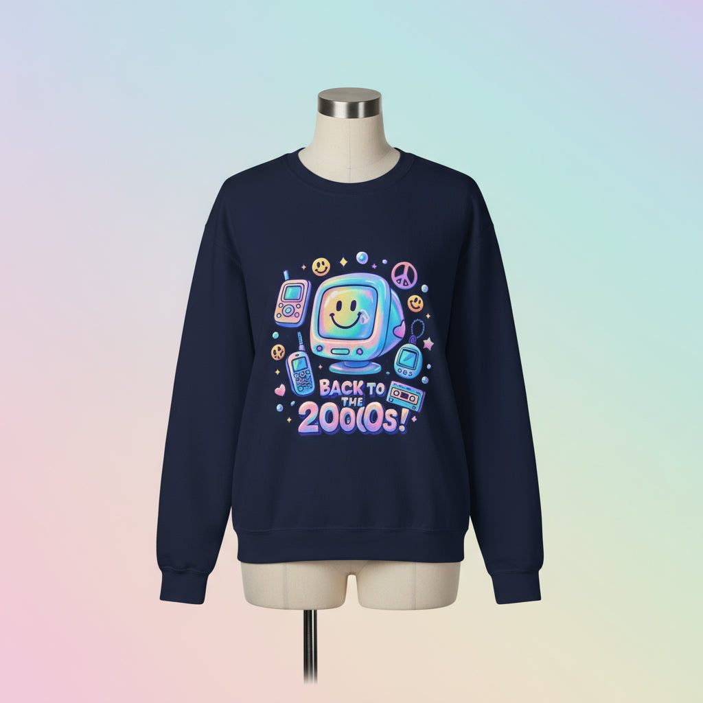 Navy blue sweatshirt with colorful 'Back to the 2000s!' design on a white background