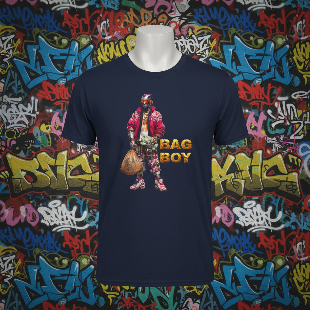 Navy blue t-shirt with a graphic of a person holding a bag and 'BAG BOY' text on a white background
