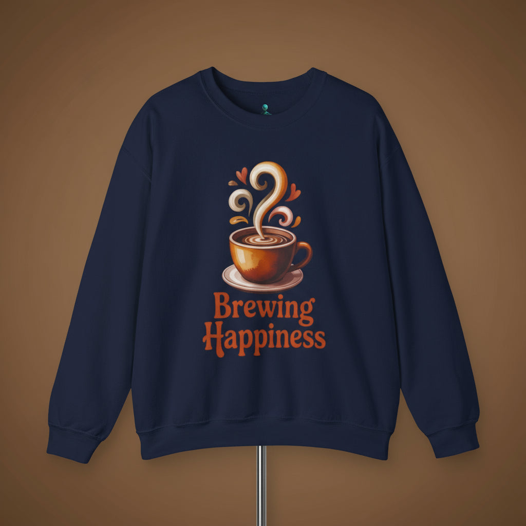 Navy blue sweatshirt with a coffee cup graphic and 'Brewing Happiness' text on a white background