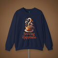 Navy blue sweatshirt with a coffee cup graphic and 'Brewing Happiness' text on a white background