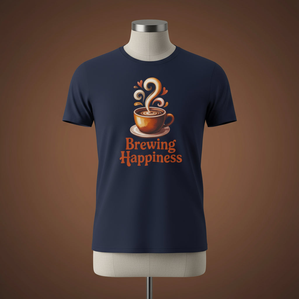 Navy blue t-shirt with a coffee cup graphic and 'Brewing Happiness' text on a white background
