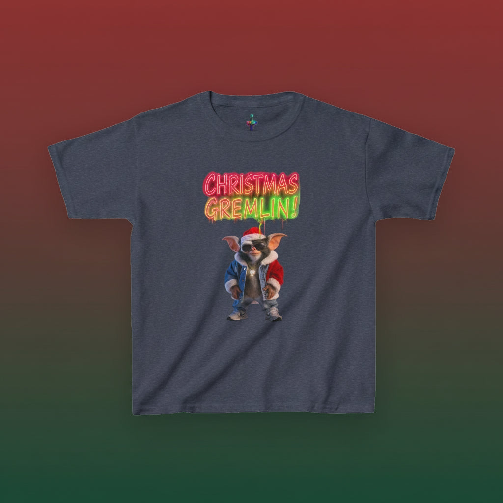 Navy blue t-shirt with a graphic of a dog in a Santa hat and the text 'Christmas Gremlin' on a white background.