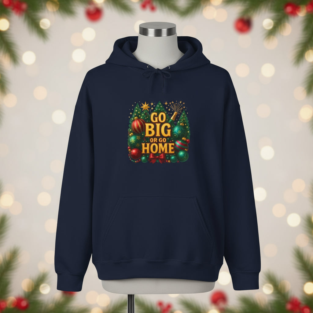 Navy blue hoodie with a colorful graphic and text on a white background