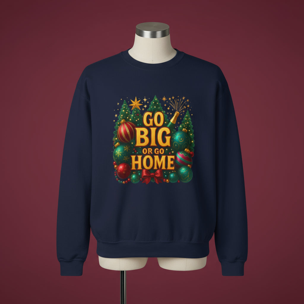 Navy blue sweatshirt with festive design and 'GO BIG OR GO HOME' text on a white background