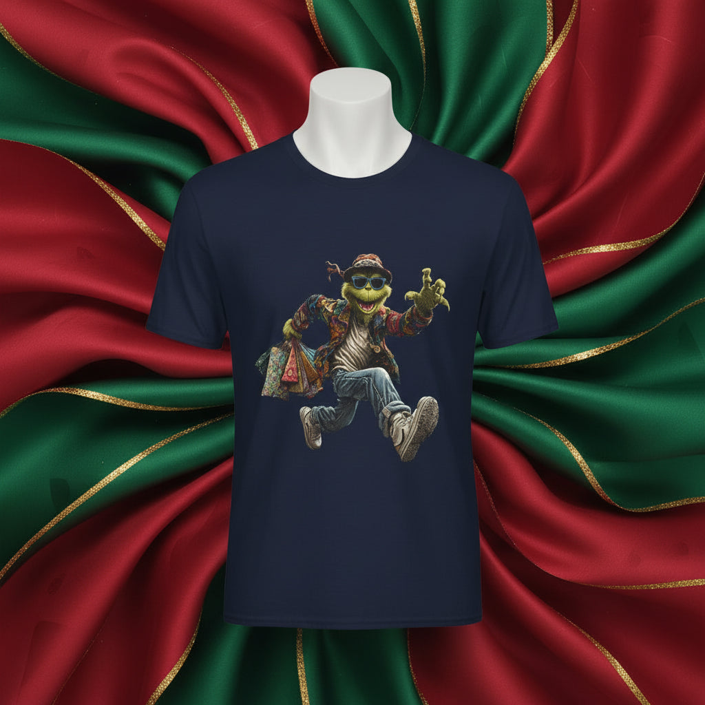 Navy blue t-shirt with a graphic of a character in a colorful outfit on a white background