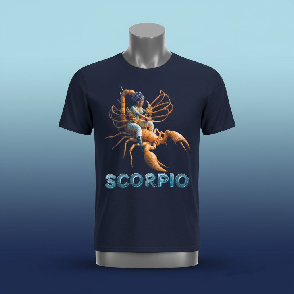 Navy blue t-shirt with a Scorpio zodiac design on a white background