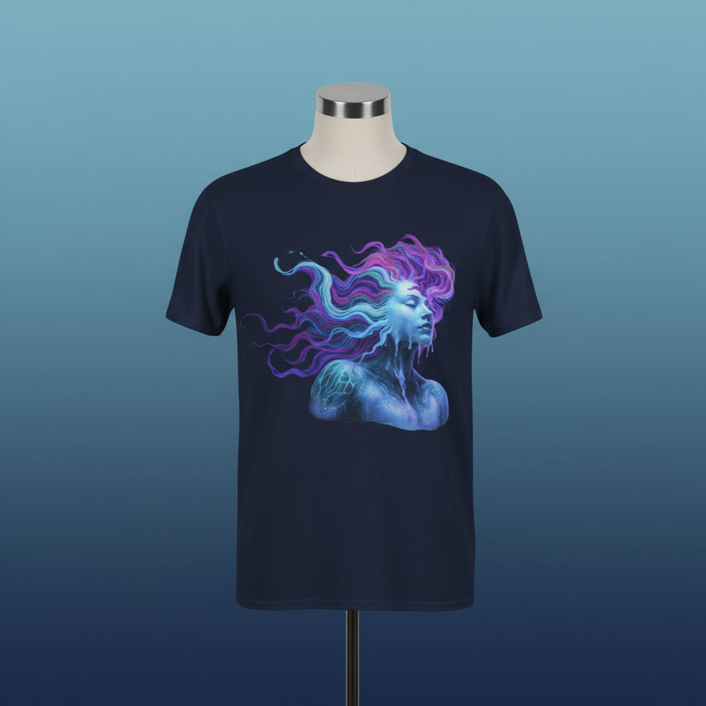 Navy blue t-shirt with a colorful mermaid design on a white background